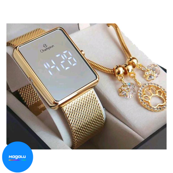 Relógio Feminino Champion Led Original Dourado Espelhado CH40080B