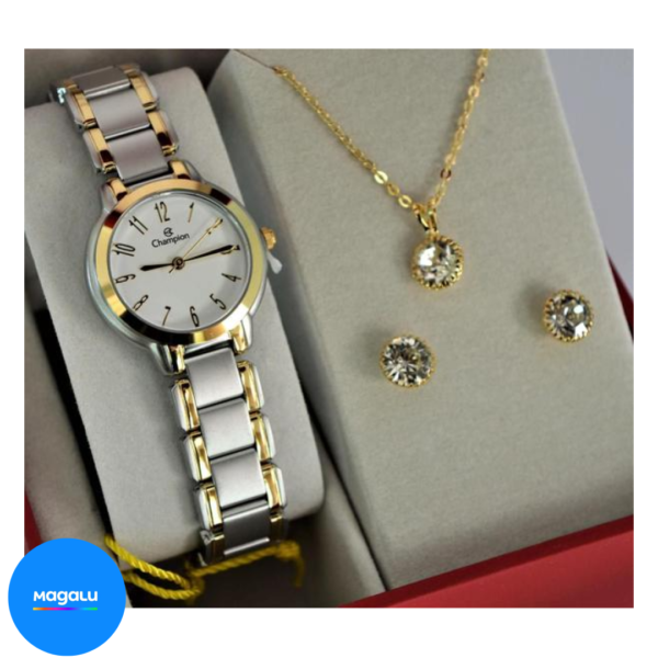 Relogio champion feminino pequeno misto ch26944c + kit semi joia