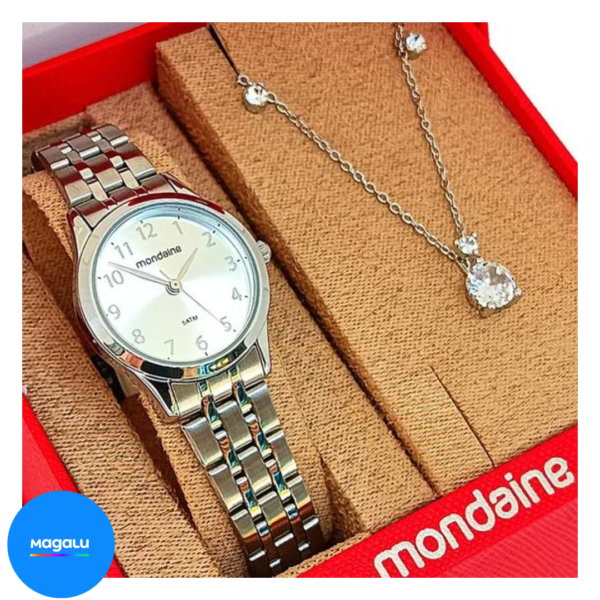 Relógio Mondaine Feminino Original Prata À Prova DÁgua com NF Colar E Brincos 608P