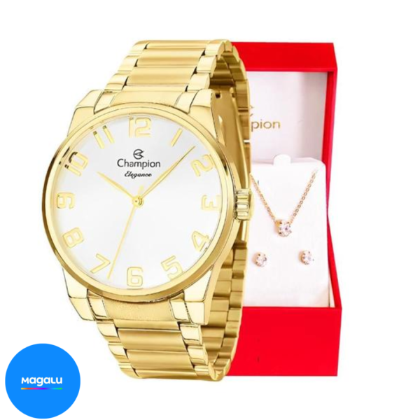 Relógio Feminino Champion Dourado Prova D Agua CN27652W Original Colar e Brincos