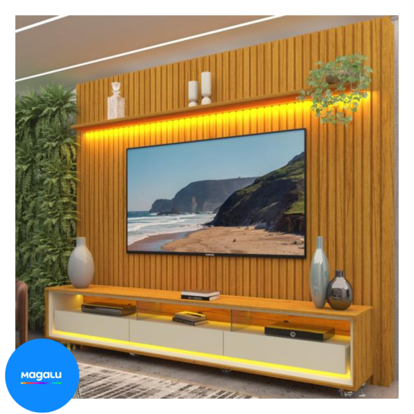 Rack com Painel Ripado para TV até 90 Polegadas LED 3 Gavetas com Rodízios 230cm Gelius Naturale 100% MDF - Gelius Móveis