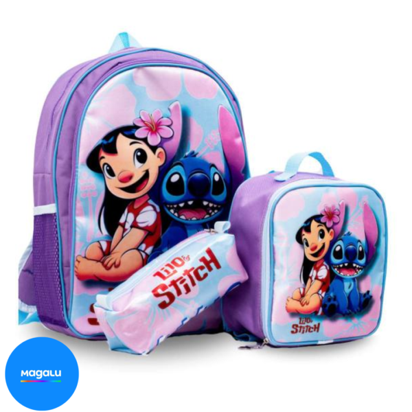 Mochila Infantil Kit Escolar Lilo Stitch Menina + Lancheira + Estojo - Pikuka