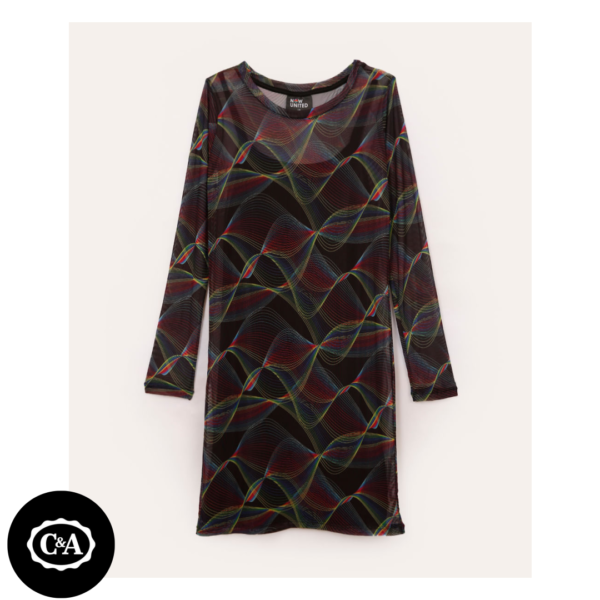 Vestido Juvenil Curto de Tule Estampado Ondas Now United Manga Longa Preto