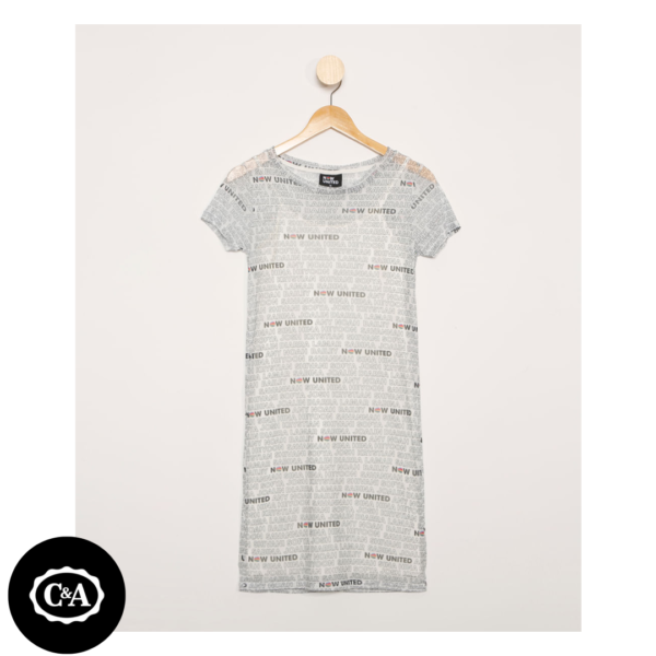 Vestido Juvenil de Tule Estampado Now United Manga Curta Decote Redondo Off White