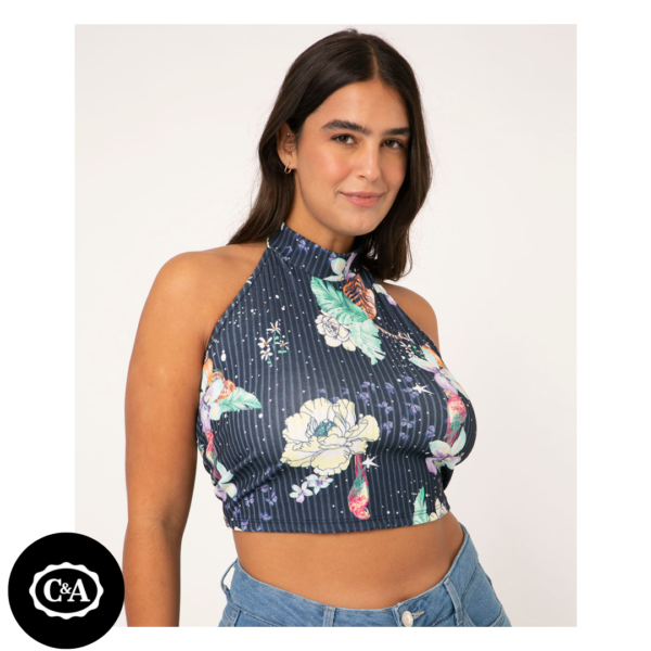 Top Cropped Feminino Frente Única Canelado Estampado Floral Gola Alta Azul Marinho