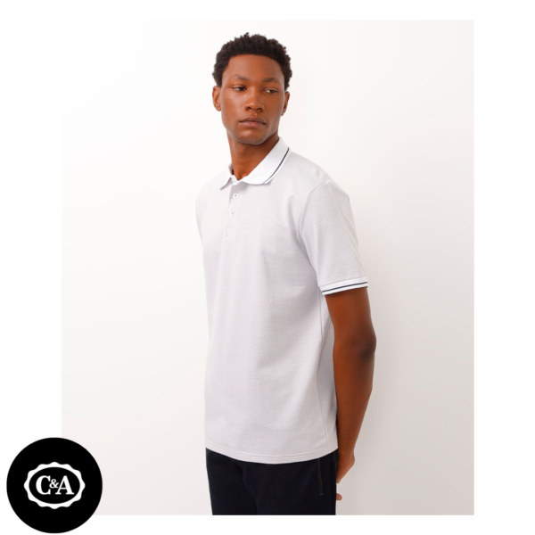 Polo de Piquet Masculina Comfort Estampada Geométrica Manga Curta Off White