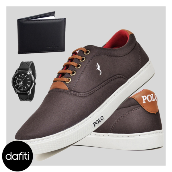 Sapatênis Casual Masculino Cano Baixo Kit Relógio e Carteira Polo Blu Marrom