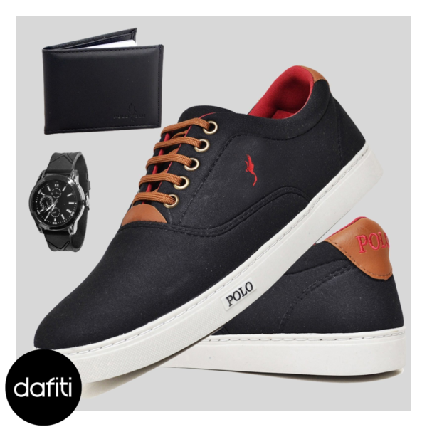 Sapatênis Casual Masculino Cano Baixo Kit Relógio e Carteira Polo Blu Preto