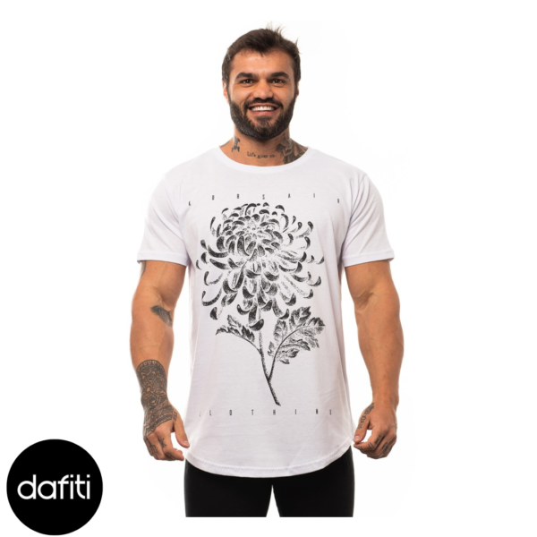 Camiseta Longline Masculina MXD Conceito para Academia e Casual Flor de Crisântemo Bordô Meia Malha