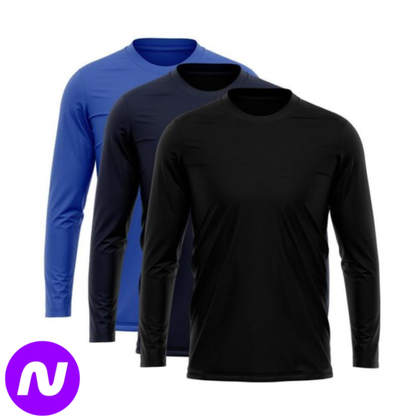 Kit 3 Camisetas Via Basic Manga Longa Térmica Dry UV Proteção Solar Masculina - Preto+Azul