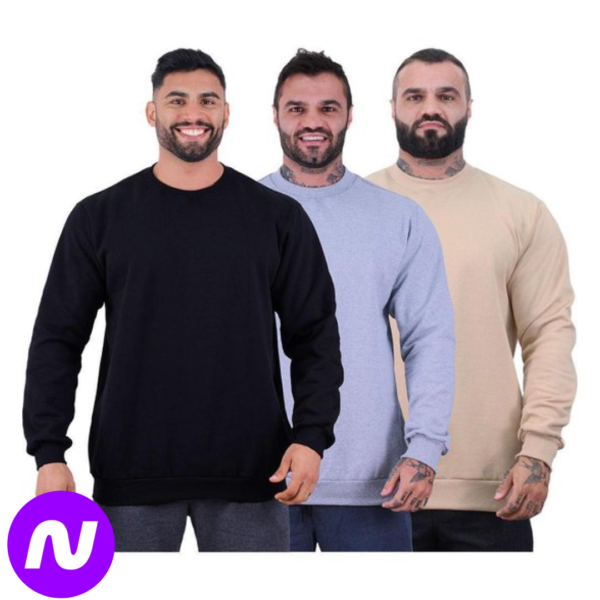 Kit 3 Blusa Frio Moletom Basic MXD Conceito Sem Capuz e Bolso Lisas - Preto+Cinza