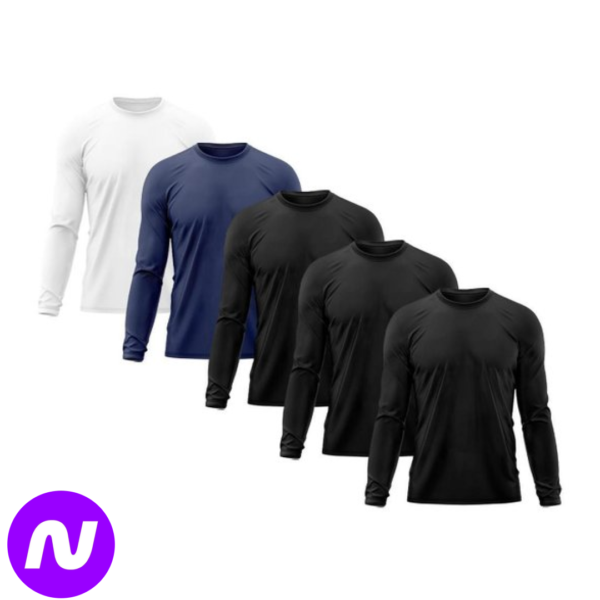 Kit 5 Camiseta Masculina Proteção Solar UV Térmica Praia Esporte Academia Tecido Dry Camisetas - Preto+Azul