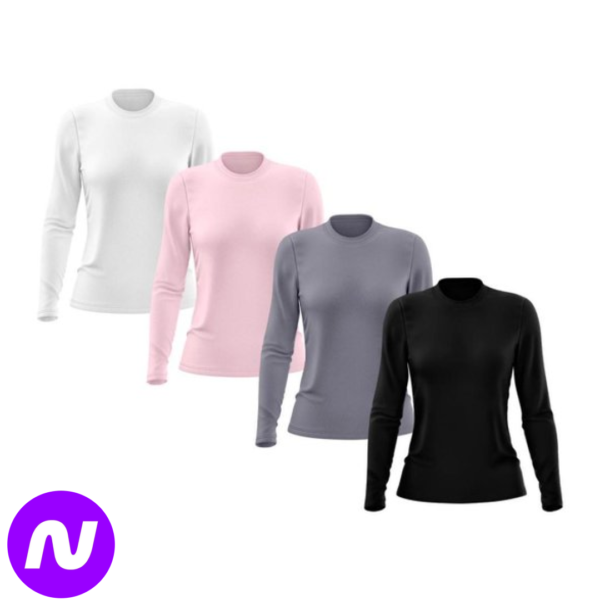 Kit 4 Camisetas Feminina Manga Longa Segunda Pele Térmica Proteção Solar UV 50 - Preto+Branco