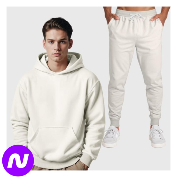 Conjunto Blusa Moletom Canguru + Calça Masculina Lisa - Off White