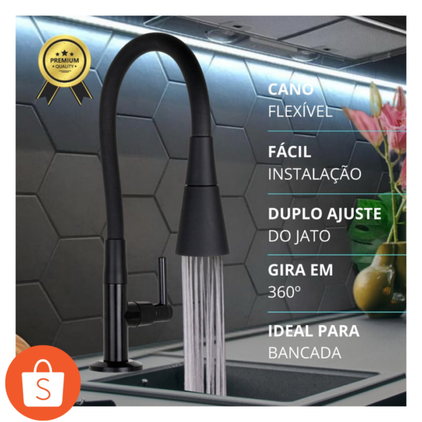Torneira Bancada Cozinha Gourmet Preta Flexivel 2 Jatos 1/4 de volta para mesa pia bancada e mármore