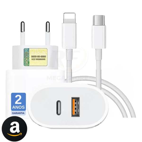 Carregador Turbo 40W Compatível iPhone X Xr 8 11 12 13 14 Plus Pro Max iPad Duas Entradas USB e USB-c Tipo C Com Cabo Tipo C-Lightning Carga Rápida Tecnologia PD