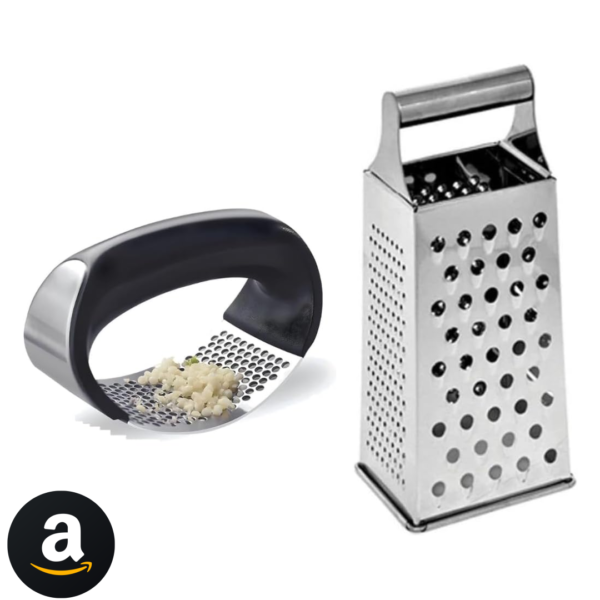 KIT 2 pç INOX Amassador Triturador de Alho e Ralador de Alimentos com 4 cortes MARAMASHOP