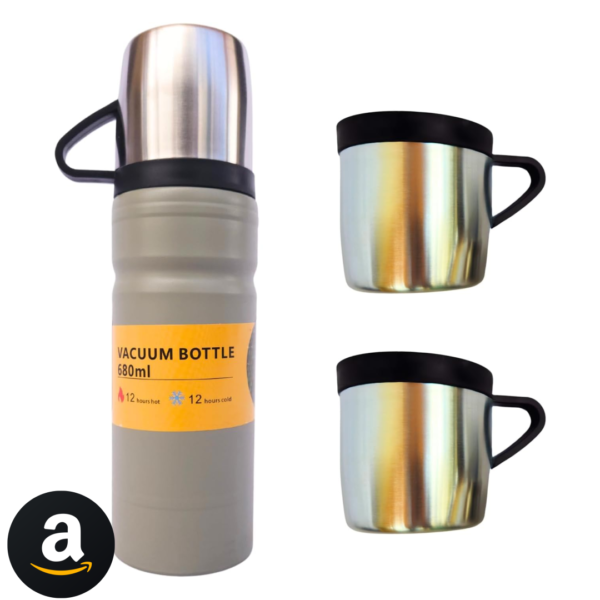 Kit Garrafa Térmica Com 3 Xícara Para Café, Tereré, Chá, Água, Inox 500ml, Prática, Camping, Viagem. Ideal para Presentear (CINZA)