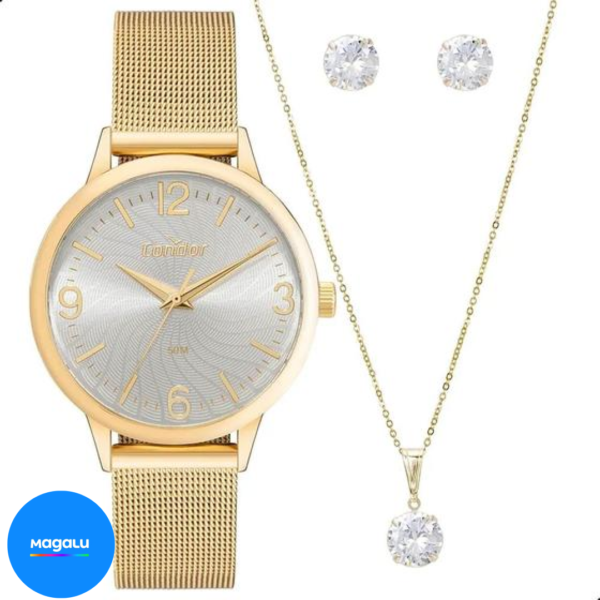 Relógio de Pulso Feminino Condor Dourado CO2035NDK/K4K Colar e Brincos