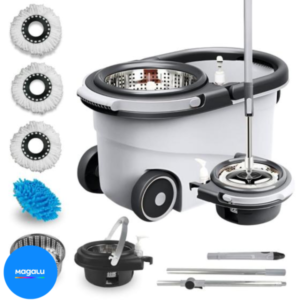 Mop Giratório Com Cesto Em Inox Cinza - Cabo 150cm - Completo - Nybc