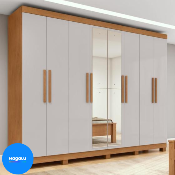 Guarda-roupa Casal Easy Slim 8 Portas Com Espelho e Pés Amendoa Clean/Off White - Móveis Lopas