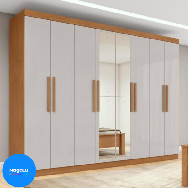Guarda-roupa Casal Easy Slim 8 Portas Com Espelho Amendoa Clean/Off White - Móveis Lopas