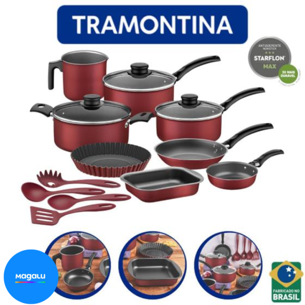 Jogo De Panela Turim Utensílios e Frigideira 12pçs Vermelho - Tramontina P.