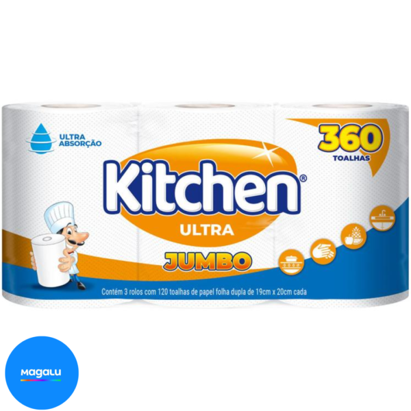 Papel Toalha Folha Dupla Jumbo Kitchen - 3 Rolos 360 Folhas