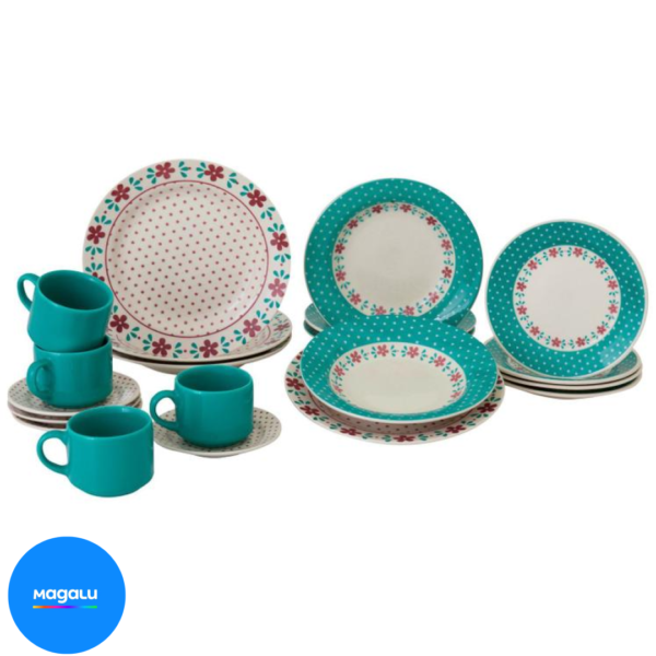 Aparelho de Jantar e Chá 20 Peças Biona de Cerâmica Redondo Branco e Azul Claro Donna