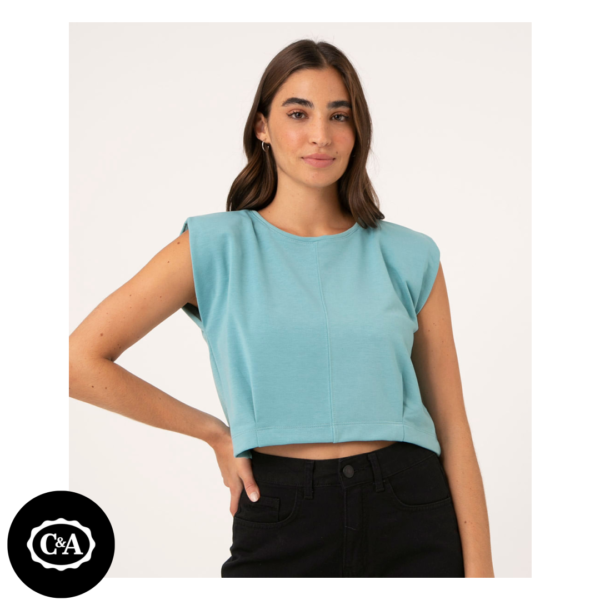 Regata Feminina Cropped Muscle Tee com Ombreiras e Pregas Decote Redondo Azul Claro