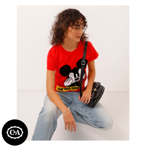 Camiseta de Algodão Mickey Flocada Manga Curta Decote Redondo Vermelha