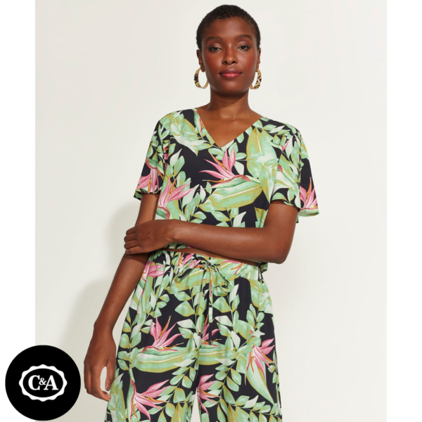 Blusa Feminina DVF Cropped Estampada de Folhagem Manga Curta Ampla Decote V Preta