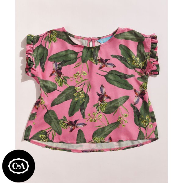 Blusa Infantil EMI Beachwear Ampla Estampada Bananeiras Manga Curta com Babados Rosa
