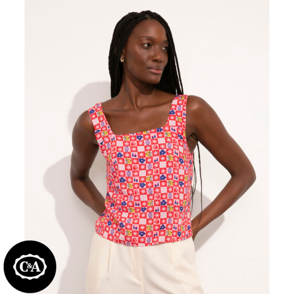Regata de Viscose Estampada Lorena Vichy Alça Larga Decote Reto Mindset Lorena Moreira Multicor