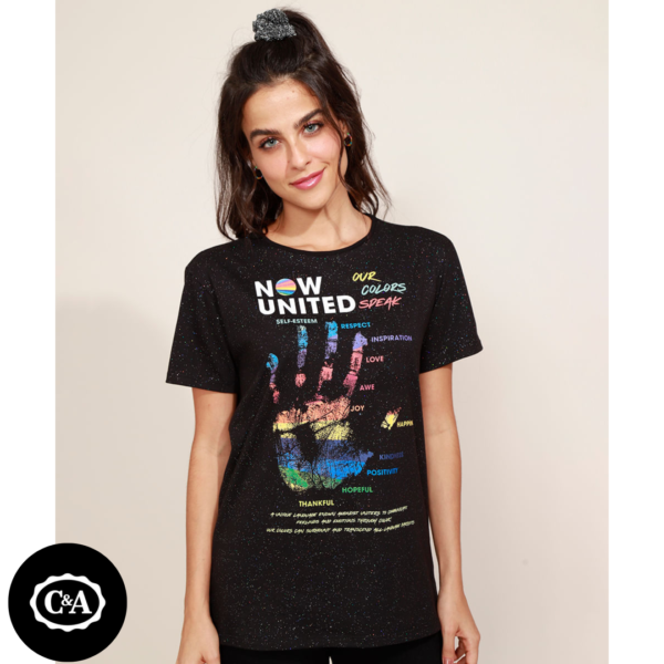 Blusa Juvenil Alongada Now United com Brilho Manga Curta Preta