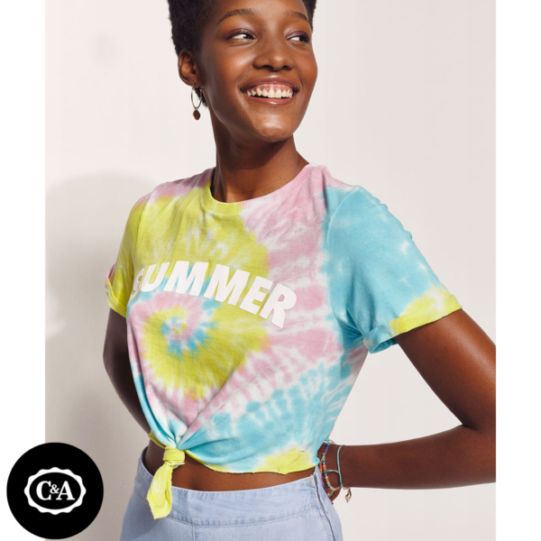 Blusa Feminina Hype Beachwear Cropped Estampada Tie Dye com Nó Manga Curta Decote Redondo Multicor