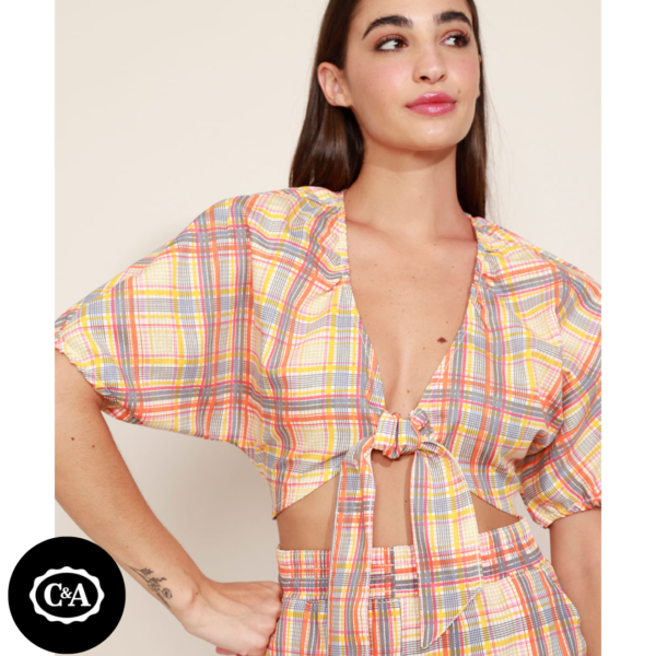 Blusa Feminina Mindset Cropped Estampada Xadrez com Nó Manga Bufante Decote V Multicor