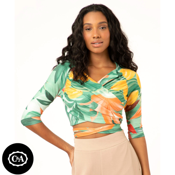 blusa cropped transpassada frutas verde claro