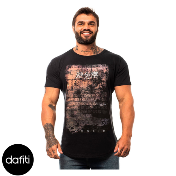 Camiseta Longline Masculina MXD Conceito para Academia e Casual Tokyo Beach Preto Meia Malha
