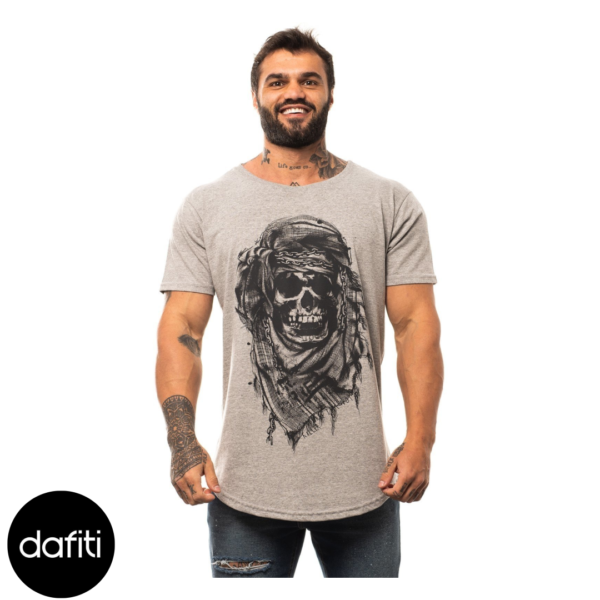 Camiseta Longline Masculina MXD Conceito para Academia e Casual Caveira Do Deserto Mescla Cinza Meia Malha