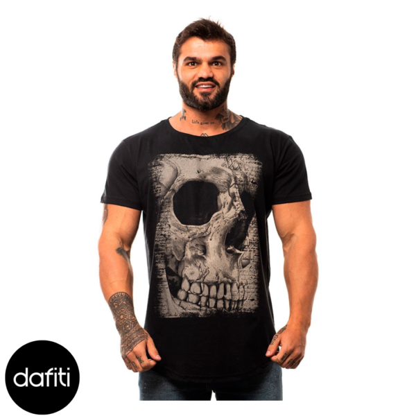 Camiseta Longline Masculina MXD Conceito para Academia e Casual Old Skull Caveira Preto Meia Malha