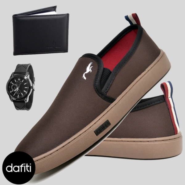 Sapato Iate Masculino Sapatilha Casual Marrom Slip Polo Kit Relogio e Carteira