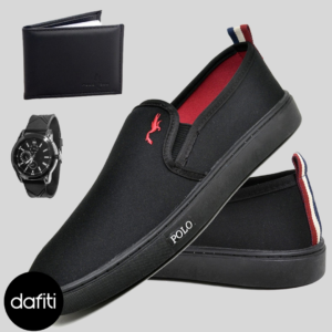 Sapato Iate Masculino Sapatilha Casual Preto Slip Polo Kit Relogio e Carteira