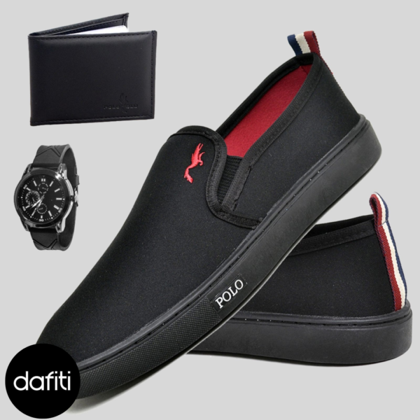 Sapato Iate Masculino Sapatilha Casual Preto Slip Polo Kit Relogio e Carteira