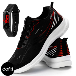 Tênis Sapatofran Polo Running Corrida Academia Preto com Relógio Digital
