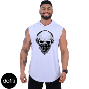Regata Longline Machão Masculina Com Touca Para Academia Treino Algodão MXD Conceito Caveira Headset