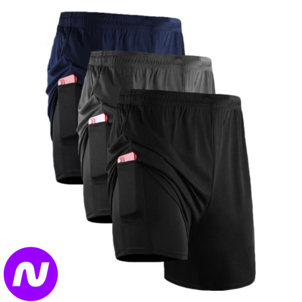 Kit 3 Shorts Masculino 2 em 1 Fitness Bermuda Para Treino - Preto+Cinza