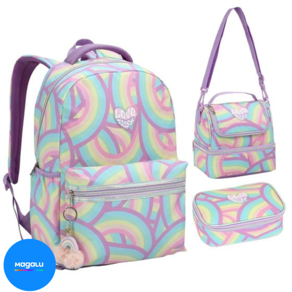 Kit Mochila Lancheira Estojo Escolar Juvenil Fem. Multicolor - Denlex