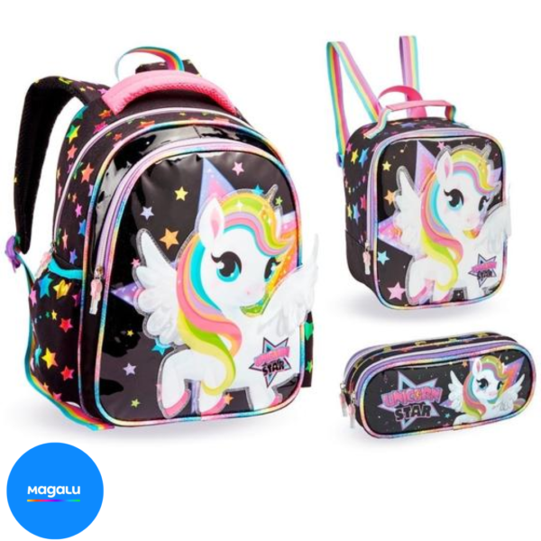 Kit Mochila Escolar Costas com Lancheira e Estojo Unicórnio Lançamento - Denlex