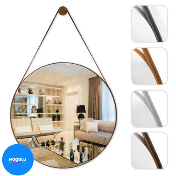 Espelho Adnet Para Lavabo Alça Em Couro 60cm + Suporte - Rei dos Vidros